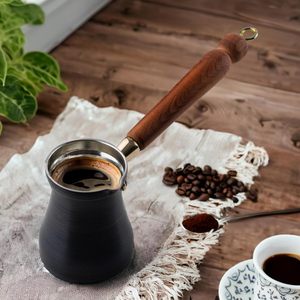 Calentador de café de metal cepillado, cafetera turca de cobre con mango de madera y cuchara, diseño tradicional para preparar café - Product Image 4