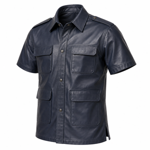 Men Navy Blue Leather Cargo <b>Shirt</b> Short Sleeve Multi Pocket Design Snap Button Front Shoulder <b>Epaulets</b> Classic Collar Outdoor - Product Image 2