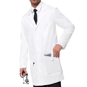 Bata médica unisex blanca de poliéster/spandex tejido sin costuras con botones a presión, largo hasta la rodilla, de alta calidad para detección de agujas - Product Image 1