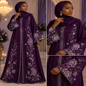 Abaya élégante brodée de fleurs, robe longue à manches longues pour femmes, style moyen-oriental, rouge, pour tous les jours - Product Image 4