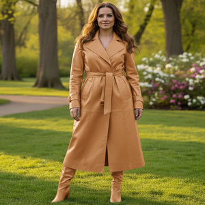 Manteau trench vintage en cuir de poisson avec ceinture longue et doublure en soie, vente en gros, sur mesure, pour femme, avec fourrure - Product Image 5