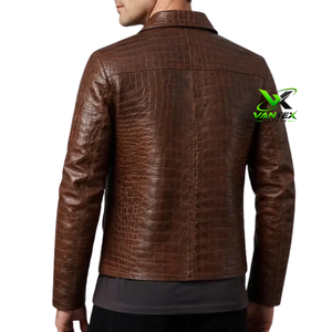 Blouson en cuir marron pour homme, effet croco, col rabattu, fermeture éclair, poches avant, style décontracté - Product Image 2