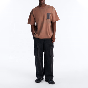 Camiseta de Algodón Marrón Extra Grande para Hombre, Personalizada al por Mayor, con Bolsillo en Contraste, Cuello Redondo, Manga Corta, Estilo Casual - Product Image 4