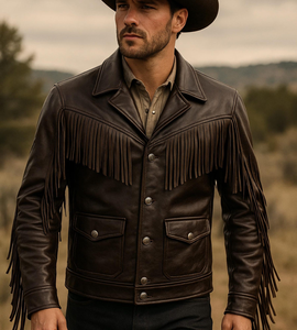Luxury <b>Men</b>’s Genuine <b>Leather</b> Fringe <b>Jacket</b> <b>Brown</b> Western Cowboy Style Vintage Tassel Outerwear for <b>Men</b> - Product Image 4