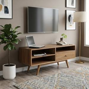 Solid Wood Living Room Cabinets Mid Century Modern Storage Sideboard Buffet Credenza Having Drawer <b>Open</b> Shelves Media Console - Product Image 2