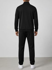 Ensemble de survêtement noir uni pour homme, manches longues, fermeture éclair, col montant, coupe sportive, respirant, en polyester, pour l'automne - Product Image 3