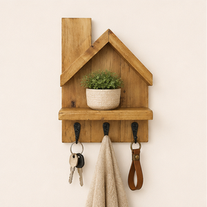 Porta llaves de madera rústico hecho a mano para pared con estante decorativo en forma de casa, organizador de entrada con 3 ganchos metálicos resistentes. - Product Image 2