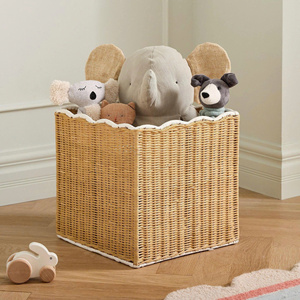 <b>Wicker</b> Toy Storage Bin Scalloped Edge Organizer <b>Basket</b> with White Trim <b>Wicker</b> Kid Storage <b>Basket</b> For Kid Room Decor - Product Image 2
