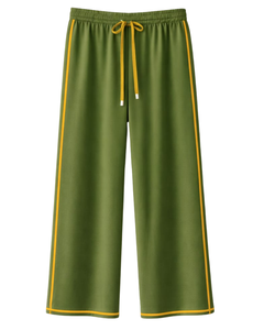 Pantalon de survêtement large vert olive personnalisé pour femme avec bande latérale jaune, taille élastique et cordon de serrage, décontracté, pour la détente, approvisionnement en gros OEM - Product Image 1