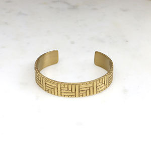 Handmade Brass Cuff <b>Bracelet</b> for Men & Women – Geometric Basket Weave Pattern – <b>Adjustable</b> Gold-Tone Open Bangle - Product Image 1