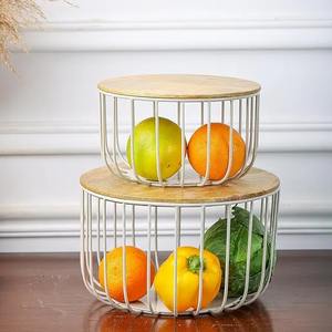 Paniers de rangement en fil d'acier et en bois avec poignées, grands bacs de rangement pour la maison, la cuisine, le placard, les étagères et la buanderie - Product Image 1