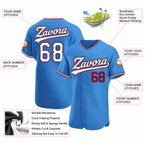 Maillot de baseball personnalisé bleu ciel, tenue d'équipe avec bordure rouge et blanche, boutons sur le devant, numéro personnalisé, style Y2K, maillot de sport tendance, vente en gros USA - Product Image 3