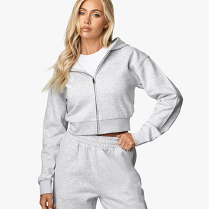 Women’s 3 Piece Cropped Zip Hoodie Tank Top Jogger Sweatpants Set Casual <b>Lounge</b> Tracksuit <b>Light</b> Grey - Product Image 5
