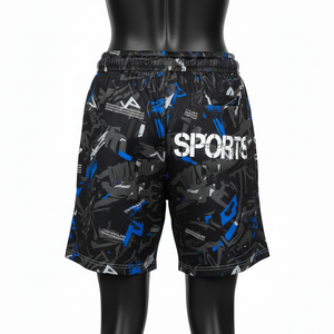 Short de basket-ball pour femme en maille polyester premium, noir, bleu camouflage, tissu sublimé, empiècements latéraux, logo personnalisé. - Product Image 5