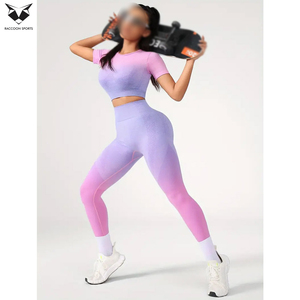 Elastic & Activewear Breathable Cotton T-Shirt And Leggings Set OEM ODM Service Workout <b>Crop</b> <b>Top</b> High Waisted Yoga Leggings Sets - Product Image 3