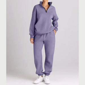 Women Purple Cotton Tracksuit Set Full Length Sweatpants Half-Zip Hoodie Casual Loose Fit Autumn Solid Color Breathable - Product Image 1