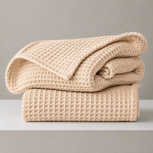 Manta de punto gofrado beige, de algodón y lino, transpirable, para todas las estaciones, estilo moderno, ecológica, transpirable, 71x94 pulgadas - Product Image 1