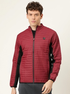 Men's Red <b>Quilted</b> Puffer Jacket Stand Collar Zipper Front Windproof Casual Slim Fit Autumn Wear Solid Color Polyester <b>Wadding</b> - Product Image 2