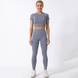 Short Sleeve <b>Crop</b> <b>Top</b> Yoga 2 Piece Set Fitness Wear Activewear Women Yoga Workout <b>Crop</b> Tee Two Piece Set Short Sleeve Yoga Set - Product Image 1