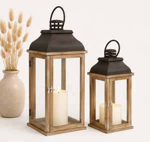 Handmade <b>Set</b> of 2 Farmhouse Wooden <b>Candle</b> Lanterns with Metal Top Decorative Lantern for Indoor Outdoor Home Decor Best Price - Product Image 6