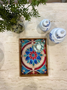 Plateau de service en bois au design floral en émail de haute qualité de luxe Beau plateau de service au design imprimé en émail par FWE - Product Image 2