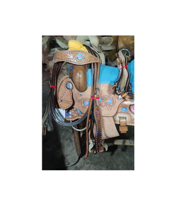 อานม้าหนังแท้ DD Brown แบบตะวันตก ลายดอกไม้สลักมือ พร้อมเบาะหนังกลับสีน้ำเงิน พร้อมชุดอุปกรณ์ ขนาด 10 ถึง 18 นิ้ว - Product Image 3