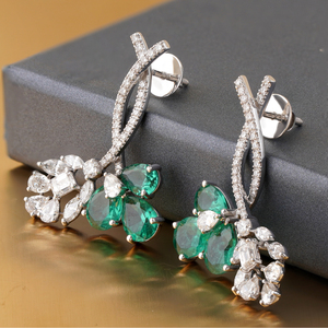 14K White Gold Fine <b>Dangle</b> <b>Earrings</b> 6.39 CT Green Pear Emerald Lab Grown <b>Diamond</b> Floral Drop Elegant Design - Product Image 4