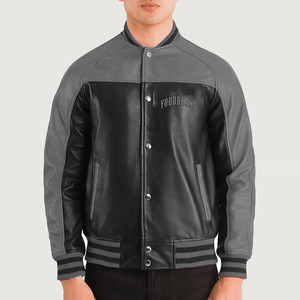 High Quality Custom Made Genuine Cowhide Leather Varsity Jacket Wholesale Custom Men's Varsity Jacket with <b>Stand</b> Collar - Product Image 4