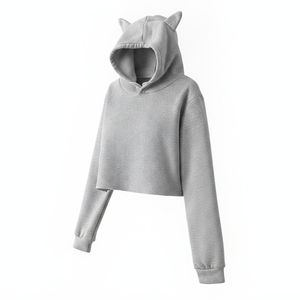 Sudadera con Capucha Corta Personalizada para Mujer, con Orejas de Gato, Color Gris Sólido, Manga Larga, Estilo Harajuku, con Cuernos de Diablo, Streetwear Y2K - Product Image 4