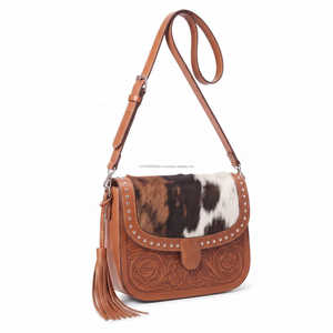 Cowgirl Brown Leather Crossbody Saddle <b>Bag</b> With Cowhide Flap Floral Tooling Silver Studs And Tassel Western Shoulder Purse Style - Product Image 2