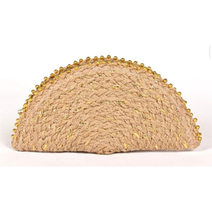 Pochette demi-lune en jute naturelle tressée faite à la main avec bordure perlée dorée, pochette de soirée pour femme, portefeuille de fête artisanal - Product Image 1