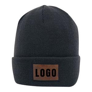Unisex Solid Color Beanie <b>Hat</b> with Leather Logo Patch 100% Acrylic Winter <b>Warm</b> Casual Wear for Adults - Product Image 3