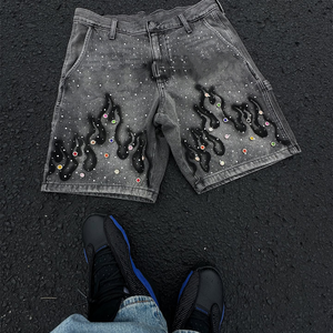 Men's Customized Color Denim Bermuda <b>Shorts</b> Flame Print <b>Sequined</b> Dot Pattern Street Style Mid Waist Elastic Waist Woven Fleece - Product Image 2