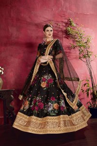Black Floral Print <b>Lehenga</b> Choli Silk Saree Set Embroidered Festival Wedding Outfit - Product Image 2