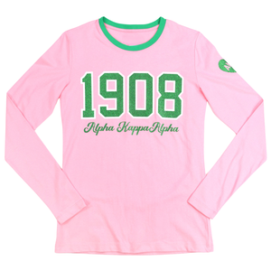 T-shirt rose à manches longues AKA 1908 pour femme, broderie chenille, vêtement de sororité grecque, tee-shirt en coton premium, coupe élégante - Product Image 1