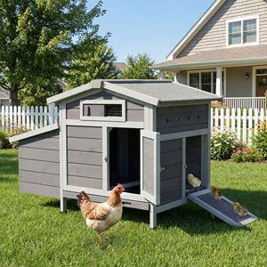 Pollaio in legno grigio usato per esterni con accesso facilitato tramite porta laterale anteriore, vassoio estraibile, nido e tetto in asfalto - Product Image 1