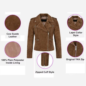 Women's Brown <b>Suede</b> Moto <b>Jacket</b> Full Sleeve Turn-down Collar Zipper Closure Autumn Style Sample Service Available - Product Image 5