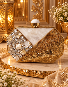 Craftstages International <b>Gold</b> Shell Pattern Half Moon Clutch Bag Beading Sparkling Evening Party Purse Suede Lining Chain Strap - Product Image 2