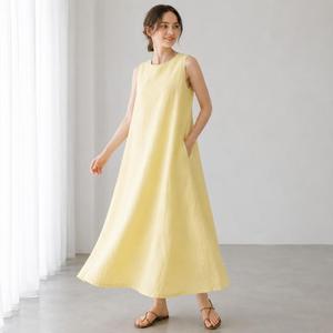 Women Boho Yellow Plain Linen Maxi <b>Dress</b> With O-neck Sleeveless <b>Loose</b> Fit A-Line Casual Summer Wear - Product Image 2