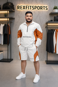 Ensemble de survêtement REXFIT SPORTS 2026 blanc et orange en nylon froissé, veste coupe-vent à demi-zip et short à empiècements - Product Image 4