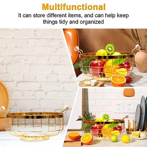 Metal Wire Fruit Basket Geometric Round Fruit <b>Vegetable</b> Basket Gold Finish Decorative Countertop Storage Bowl for Kitchen - Product Image 2