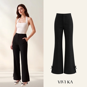 ODM OEM Women's High Waist Flared Pants Side <b>Split</b> Hem Bow Accent Black <b>Trousers</b> Elegant Anti-Wrinkle Zipper Fly Polyester - Product Image 1