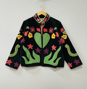 Chaqueta de Terciopelo Bordada a Mano para Mujer, Cuello Alto, Manga Larga, Estampado Floral, Estilo Casual - Product Image 1