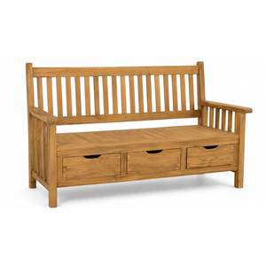 Banc de jardin en teck avec 3 tiroirs de rangement, dossier à lattes et accoudoirs pour terrasse, hôtel, complexe hôtelier - Product Image 2