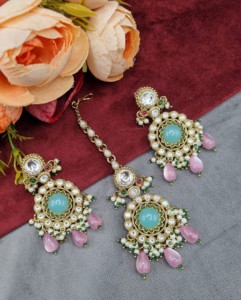 Round Uncut Stone Kundan Necklace With Matching Earring And Mangtika Designer Fashion Antique Gold Plated <b>Jewellery</b> Manufacturer - Product Image 3