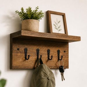 Natural Wood Wall <b>Hook</b> Minimalist Key Hanger With <b>Shelf</b> space Modern Storage Solution for Entryway Bathroom and Hallway - Product Image 4