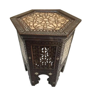 Mesa Auxiliar de Latón Marroquí Antigua Hecha a Mano con Base de Madera Plegable con Incrustaciones, Diseño Islámico, Mesa de Centro para Café - Product Image 3
