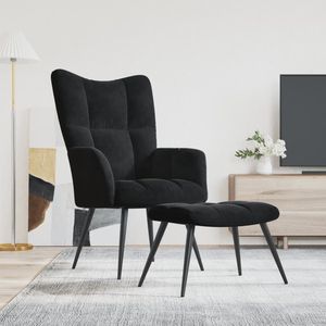 Chaise relaxante en velours noir avec repose-pieds en acier et tabouret pour salon - Product Image 1