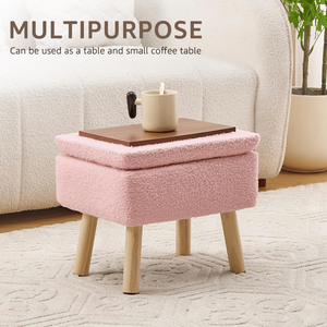 Pouf Contenitore Rettangolare in Tessuto Teddy Fleece con Gambe in Legno Massello, Poggiapiedi Panca per Ingresso, Disponibile in Rosa - Product Image 5