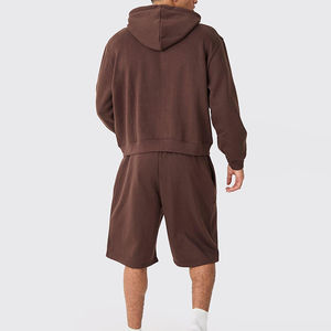 Conjunto de Sudadera con Capucha y Cremallera para Hombre, Color Marrón, con Pantalones Cortos Casuales de Felpa, Atuendo Combinado para Otoño, de Algodón Tejido, Color Sólido - Product Image 2